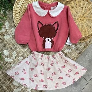 New Jaclyn Smith Baby Girl Pink Fox Sweater & Skirt Set Size 0-3 Months
